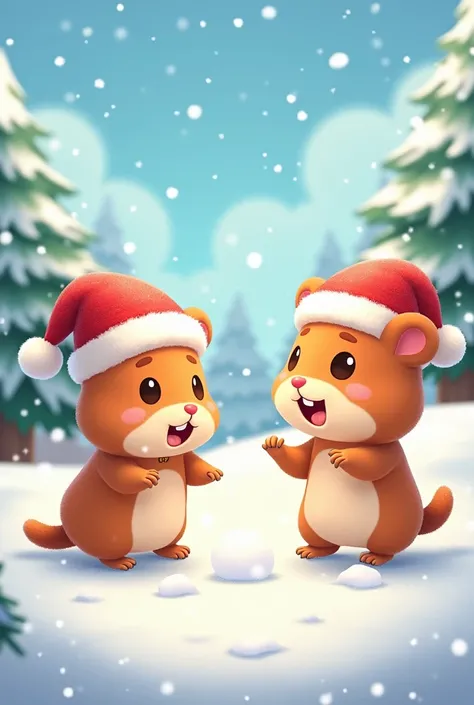 An image of Animal Crossing characters Hamster and Apple wearing Santa hats and playing in the snow