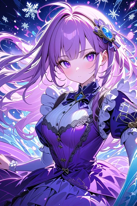  1 girl,, Minato Akua similar hair color ,purple dress, purple eyes、 Lolita style maid,, standing with different breasts 、 bangs are centered from the whistle to the tip of the hair２The blue mesh 、Snowflakes fluttering　,Art Deco,chromatic painting ,Rococo,...