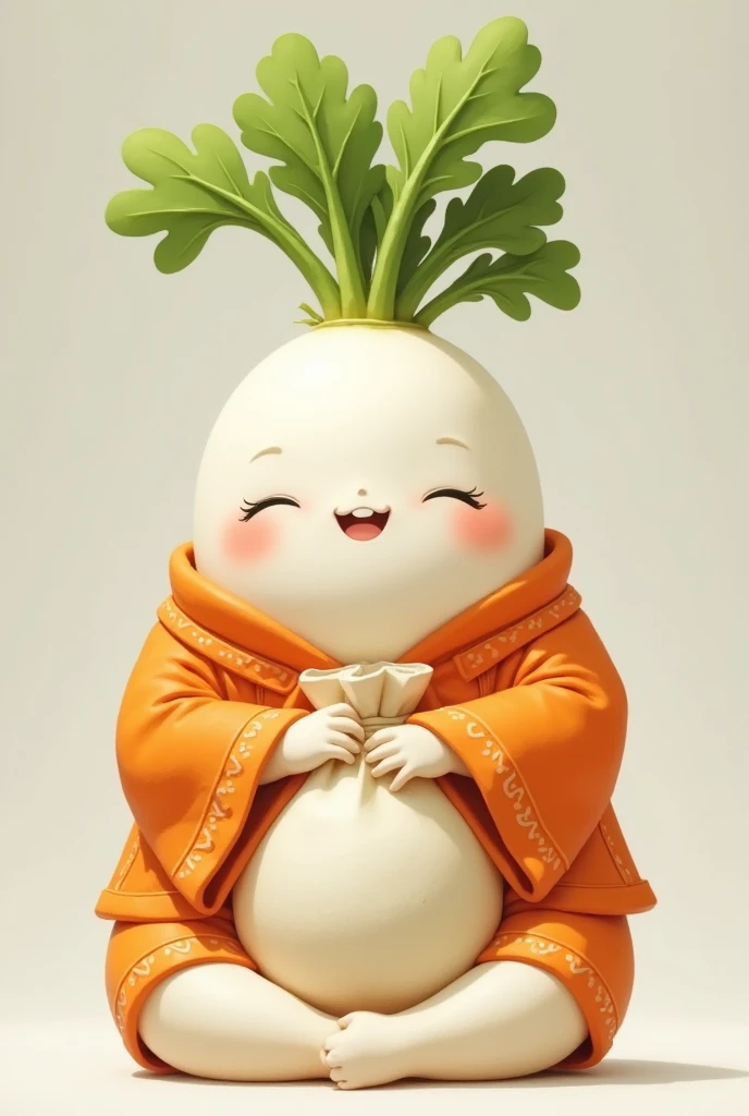 A daikon character like Hotei, Chubby, potbelly, rounded face, sitting with crossed legs, wearing a bright orange crested coat and carrying a large bag