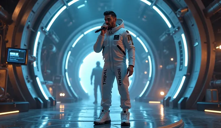 The singer is a handsome young european man dressed in a cosmonaut suit and pants with light written on their side, he holds a mic, he is within a spaceship, Realism, Real, Alive, 