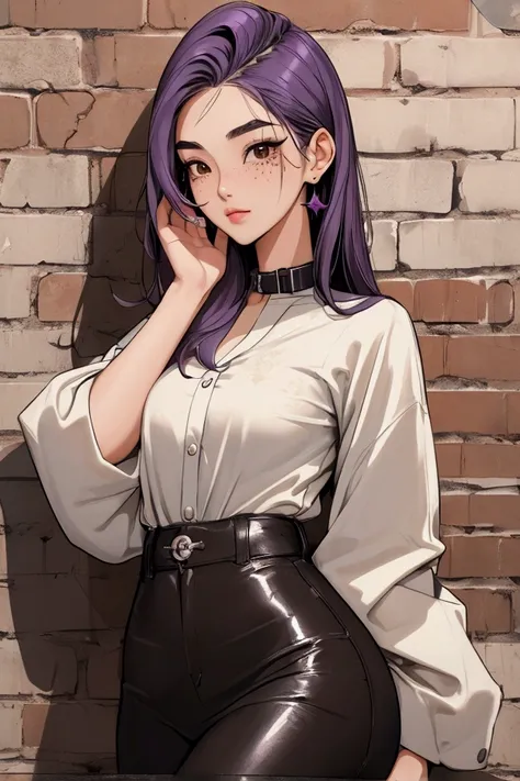 a woman in korean, style s80, with shiny hair, with model poses, with stylish model clothes, listening to old music and enjoying and feeling satisfaction, lofi hip hop, blurring the background,on a brick wall with peeling details with graffiti on the wall,...