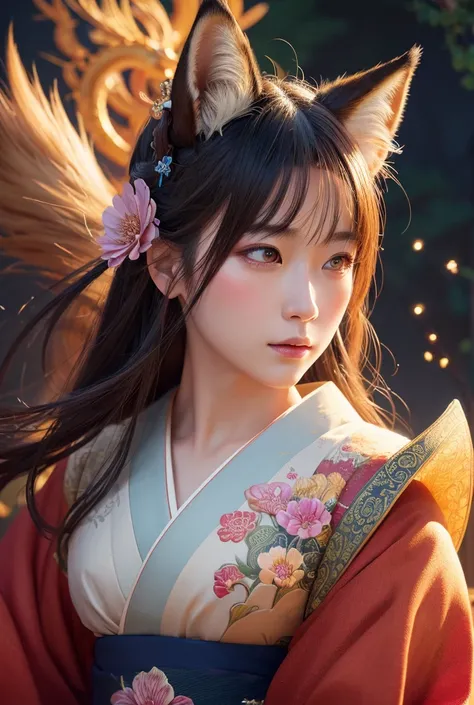 prompt: highly detailed and realistic digital painting with fantasy elements and traditional Japanese influences, focusing on an intricately rendered face of a central female figure in a kimono, with a mystical fox, swirling patterns, and soft lighting.