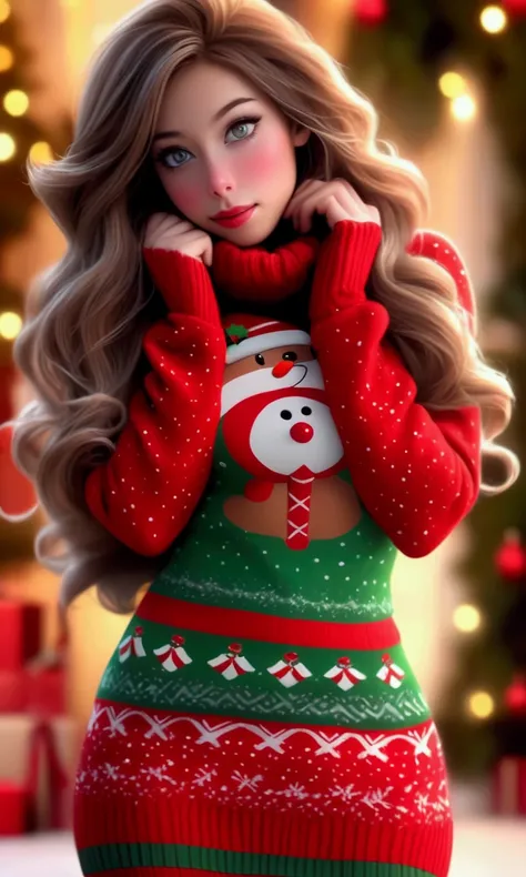 (seductive strip tease)a cute woman, beautiful detailed eyes, beautiful detailed lips, extremely detailed eyes and face, long eyelashes, 1girl, Christmas sweater, mini skirt, sexy leggings, fuzzy boots, gloves, toboggin, Christmas wonderland, (best quality...