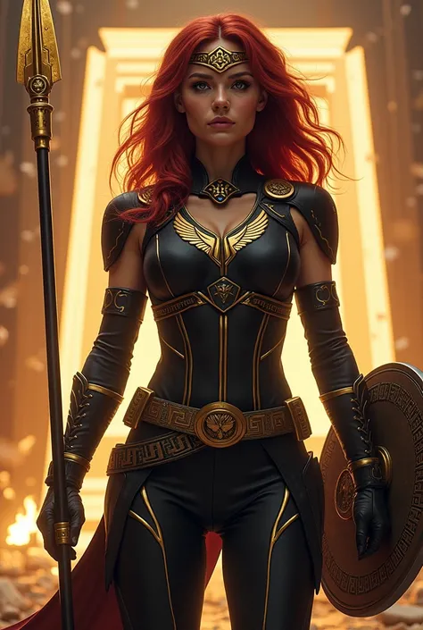  A powerful fusion between Athena , The Greek goddess of wisdom and strategy, e Natasha Romanoff, Marvels Black Widow .  She wears a reinforced tactical black costume ,  with gold details and embroidery that form owl patterns and stylized Greek shields .  ...