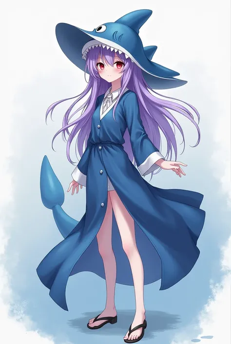 Violet Anime female shark with purple hair red eyes blue long shirt with shark tail wear shark hat 