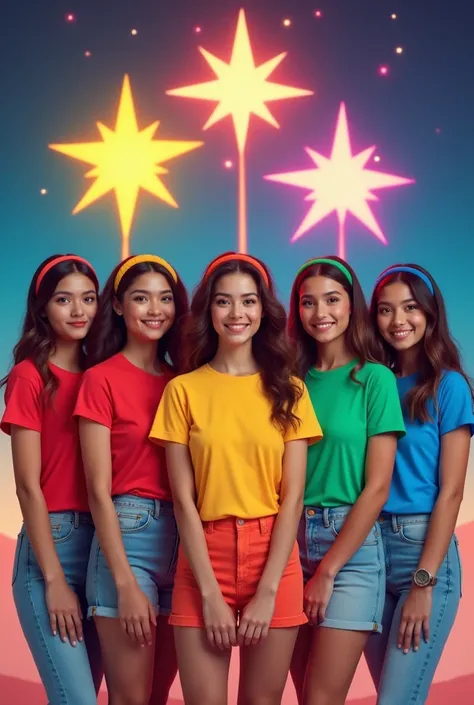 5 beautiful women, wearing a T-shirt of different colors and matching hair band .  The color of the shirt and hair band includes red , yellow, green, blue, purple, dan blue muda. Latar belakang gambar menunjukkan tiga bintang besar yang menyala dalam warna...