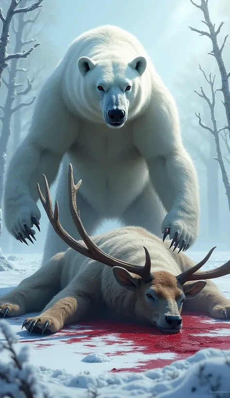 A dramatic and intense image set in the frosty wilderness, where a polar bear stands over the defeated body of a large elk. The elk’s massive antlers are sprawled in the snow, with its muscular body lifeless beneath the polar bear’s massive paws. The bear’...