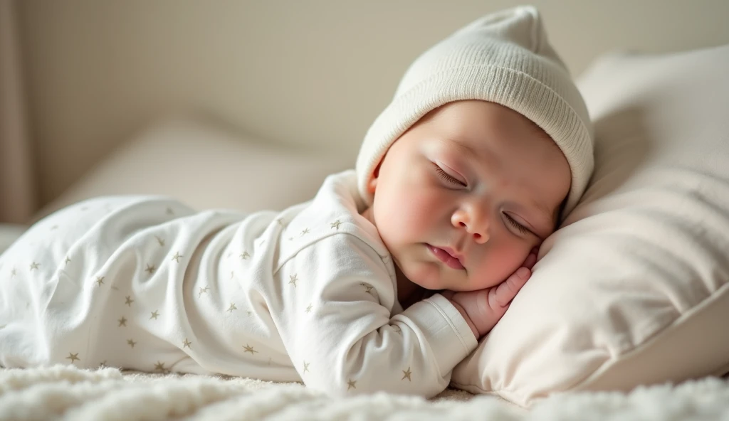 Picture a very cute baby boy sleeping soundly on a soft mattress. The baby was wearing a long-sleeved shirt with lots of small stars patterned all over his clothes, and was wearing a beanie hat which made him look even more adorable. Her face looks peacefu...