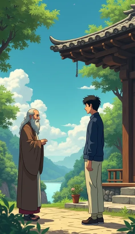  There was a man in his 30s wearing a navy shirt. One of his cream pants went to talk to a sage. At the sages house, asked for a ghibli cartoon pattern, asked for a ghibli cartoon pattern.