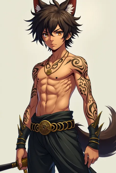  Anime-style  boy ，Full body skin color is brown ，Has wolf ears ， dark brown hair ，short hair， hairstyle with a little mess ， Dont wear anything on his head， all over the body with various lines tattoo ， wearing only one gold black interroom pants，Wearing ...