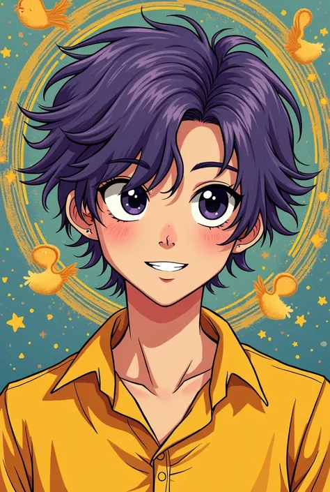 man, 30 YEARS, black eyes,mischievous look, purple hair , messy hair, wavy hair ,smiling,dark eyes-8k , Detailed features ,very handsome,yellow shirt, image of a yellow puppy,lineart,tender style, beautiful,magical,Mystic,psychedelic,fancy,ethereal,graphic...