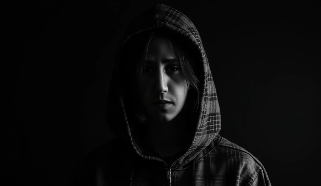 A dramatic black and white portrait of a person with shoulder-length hair, partially illuminated with a high contrast light source. The left side of the face is in deep shadow, while the right side is brightly lit. The person wears a hooded garment, and th...