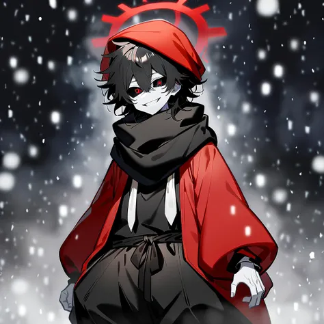 Anime male character, with a red halo on top of his head, long black messy hair, red sleeves, black top, black sclera, and red eyes, large black baggy pants, black boots, white tie on waist, and a large black scarf on his neck, and white pale skin, grinnin...