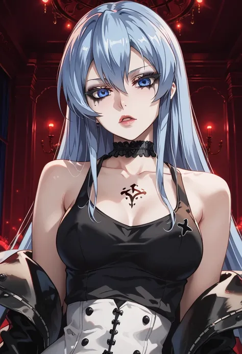 esdeath, 1girl, blue eyes, light blue hair, long hair, eyelashes, solo, black tank top, indoors ,medium breast, gothic dress, looking at the viewer, in the center of the image, gothic makeup, GOTHIC MAKEUP, bedroom background, red lighted background, red l...