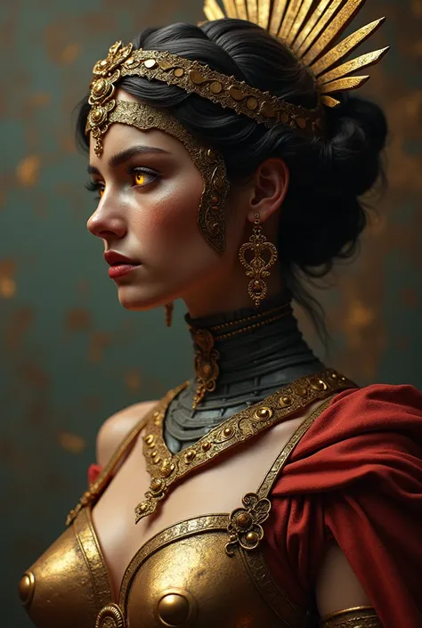 Roman goddess, Libertad, glowing eyes, head to breast, legionnaire cybernetics. High Resolution, Masterpiece, Award Winning, Best Quality, High Details, High Quality, UHD, Optical Illusion, Impressionism, Art Deco, Cinematic, Cinematography, Futurism, Hype...