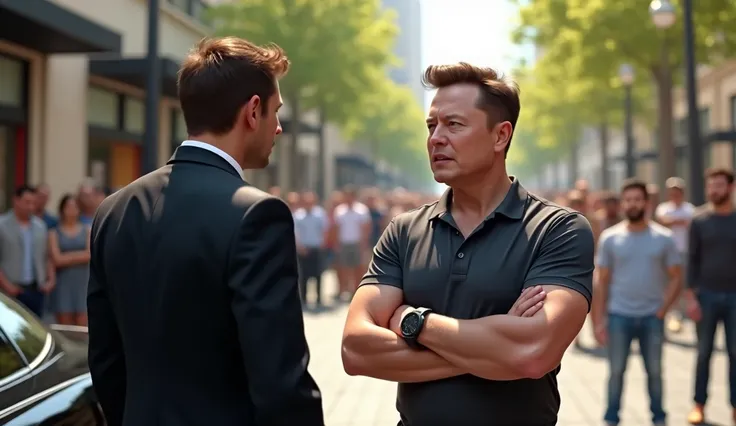 A photorealistic digital rendering of two men having a tense conversation outdoors in a bustling urban shopping district. Elon Musk has short, slicked-back brown hair, a dark gray polo shirt and a black wristwatch, his arms tightly crossed, looking either ...