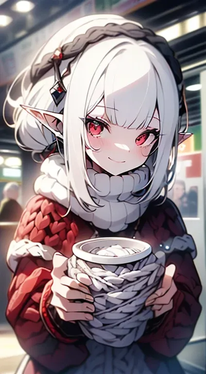 ((( top quality， high definition ，8k， Fair-skinned girl ， top quality)))，Upper body，(White Hair:1.2)，(poneyTail:1.3)，( red eyes:1.2)，(Elf Ears:1.3)，(White knit:1.5)，smile，