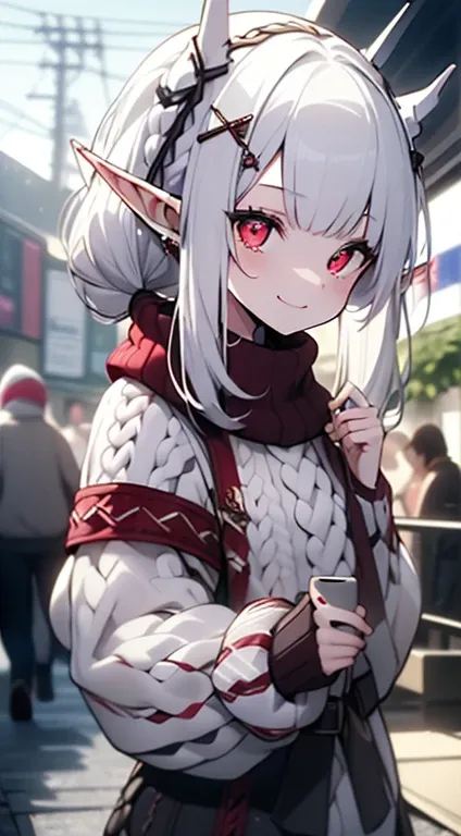 ((( top quality， high definition ，8k， Fair-skinned girl ， top quality)))，Upper body，(White Hair:1.2)，(poneyTail:1.3)，( red eyes:1.2)，(Elf Ears:1.3)，(White knit:1.5)，smile，