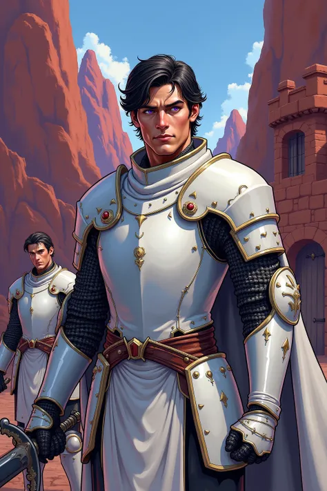 Knight of 30 years, purple eyes, dark hair, normal height and size, fit, exceptional sword fighter. He wears a magical black sword and white armor. Background: a small tower-house made of large stones surrounded by red mountains. There are 2 other knight w...