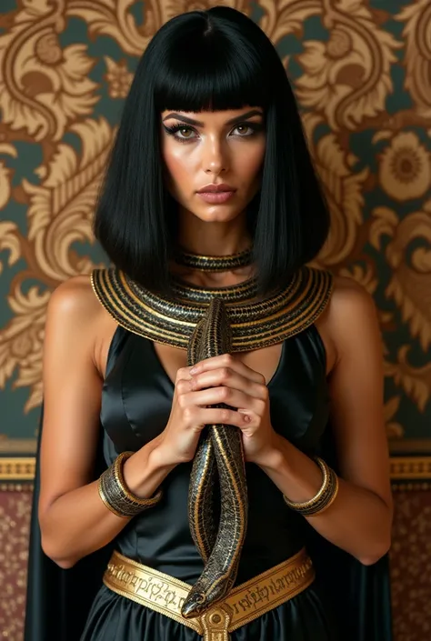 Cleopatra full body wallpaper with makeup look eyeliner beautiful black hair Bob hair full body image holding snake in her hands 