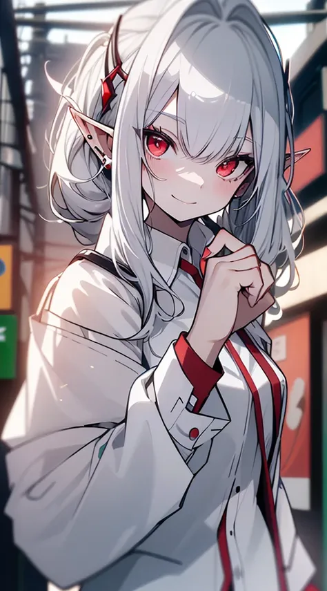 ((( top quality， high definition ，8k， Fair-skinned girl ， top quality)))，Upper body，(White Hair:1.2)，(poneyTail:1.3)，( red eyes:1.2)，(Elf Ears:1.3)，( white shirt:1.5)， best smile，