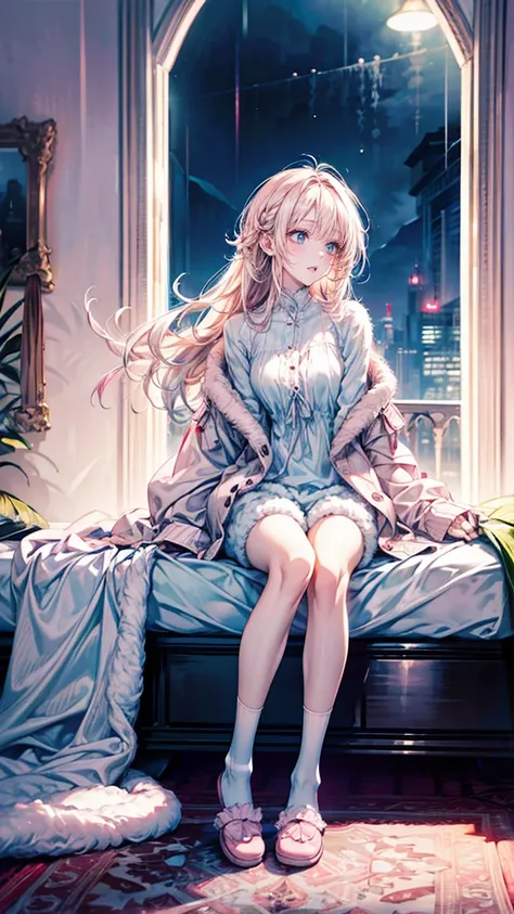 Full body shot from the front view, woman gazing out a window at bad weather:1.5, woman relaxing by the window, digital art, 8K resolution, high detail, around 20 years old, (one female:1.5), milk-tea colored hair, long hair, fluffy hair, light blue eyes, ...