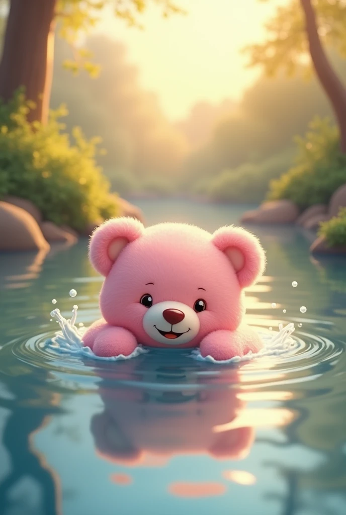 A teadybear of pink color is swimming 