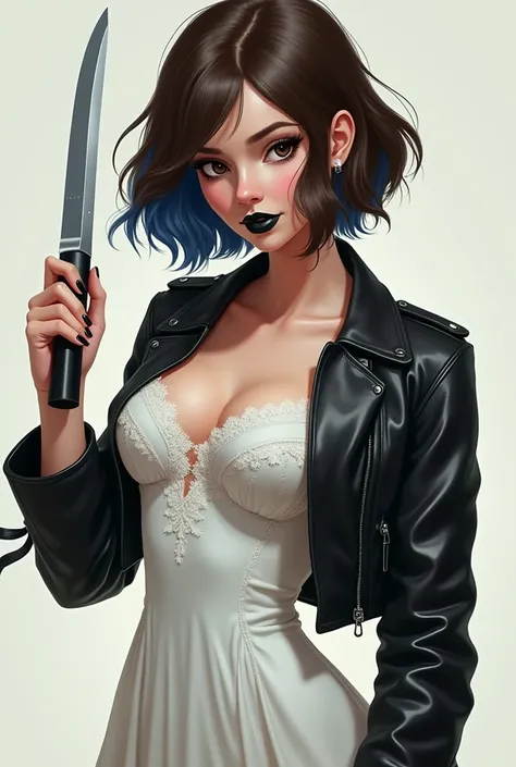 ((art animation 2D)) 20 year old woman with short wavy brown hair with dark blue dyed tips, with black lipstick and dark makeup, Brown eyes, with good body, wearing a wedding dress with a leather jacket, holding a knife