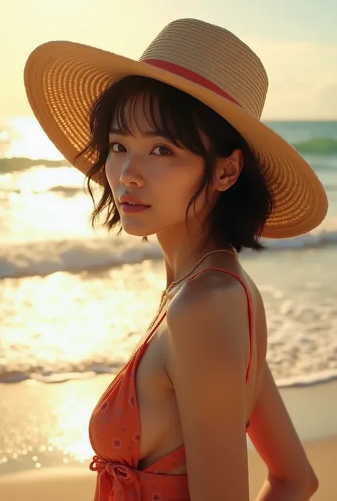 41 year old Japanese mother with short hair, brown skin wearing a hat and super sexy beach clothes looks seductive from her facial expression and body pose