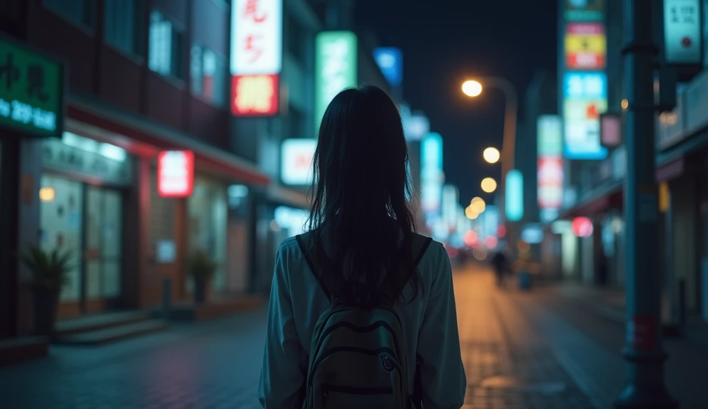 (best quality, masterpiece, ultra detailed, ultra high res, photorealistic, raw photo, absurdres, absolutely resolution), A teenage Japanese female idol is walking alone in the city at night. The camera follows her back and gradually pulls away.