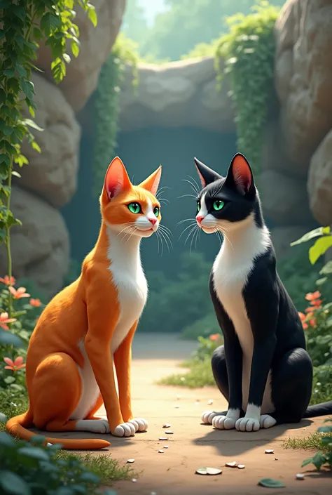 An oranze-white cat and a tuxedo cat is in the zoo