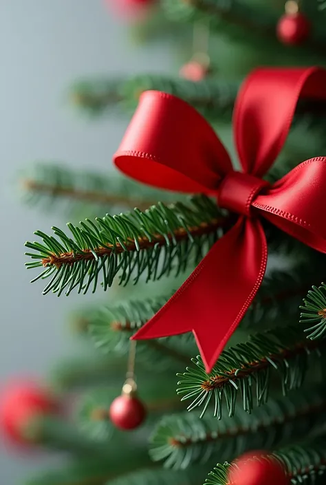  A close up of a Christmas decoration with pine, and red ribbon ,  on a neutral gray background ,  in high resolution and illuminated with artificial white light 