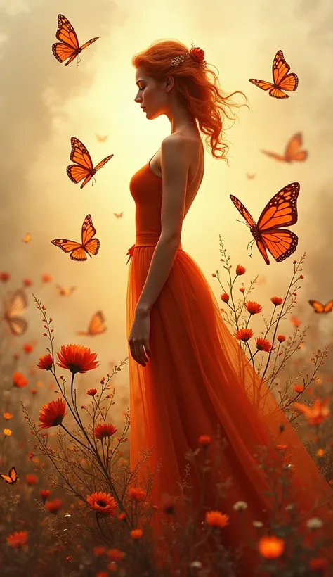 Silhouette of a beautiful copper woman, butterflies,flores,essence,until,love, Colobri 