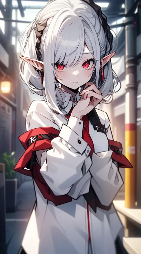 ((( top quality， high definition ，8k， Fair-skinned girl ， top quality)))，(White Hair:1.2)，(poneyTail:1.3)，( red eyes:1.2)，(Elf Ears:1.3)，( white shirt:1.5)