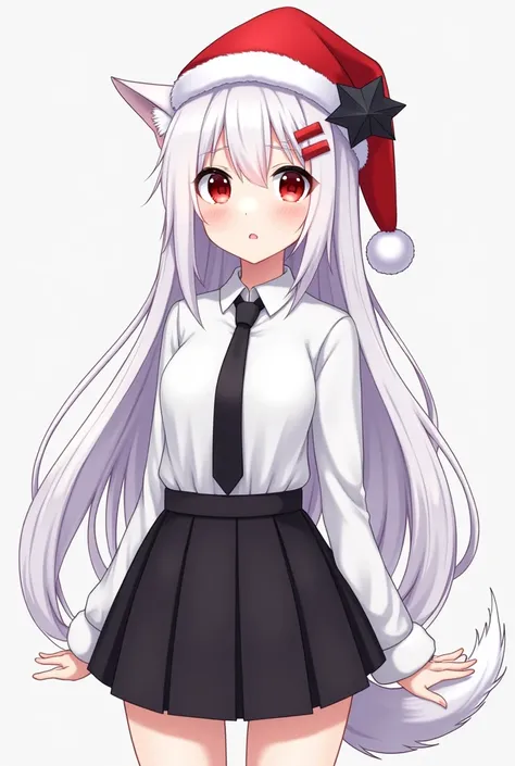 Anime girl long white hair, red eyes, white shirt and black tie, short black skirt, black four-pointed star hair clip clipped to the left side of the bangs, cat ears and white wolf tail, wearing a red Christmas hat