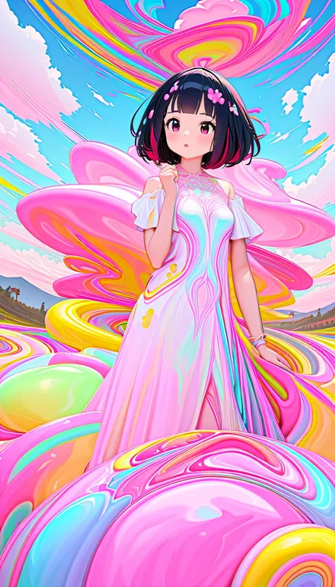  top quality, Super fine, 8k,  unbelievably absurd,  very detailed with crimson hair, 2.5D, Beautiful Goddess,   soap bubbles ,  Pastel Clouds ,  sunshine on stilet,  pop art ,  delicate and dynamic,  Pastel Fantasy,  black hair？ bob cut,   very young  ,  ...