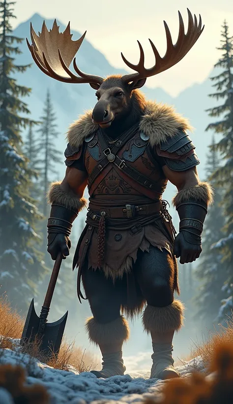 Canada: A powerful moose warrior in leather and fur armor, wielding a giant maple-leaf-shaped axe.