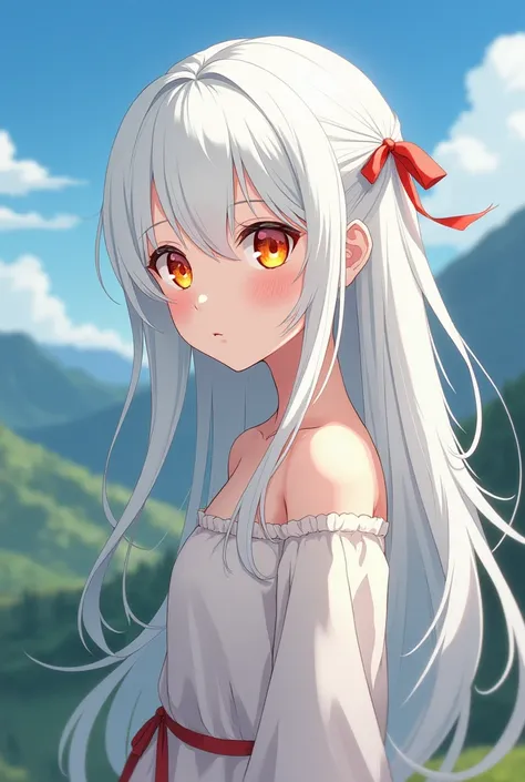  Picture a girl with anime-like graphics ,  long white hair  ,Orens eyes  ,  red tape in her hair  ,the shape of the face is slightly rounded,background of a mountain and a simple girl 