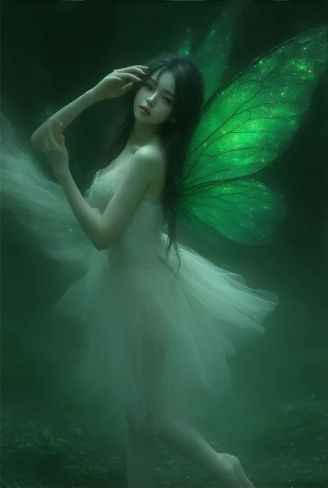 Create a ballerina fairy ,  long black hair and white skin .  dark brown eyes. thin,  with defined muscles .  She has green wings and is in a forest with a mysterious air