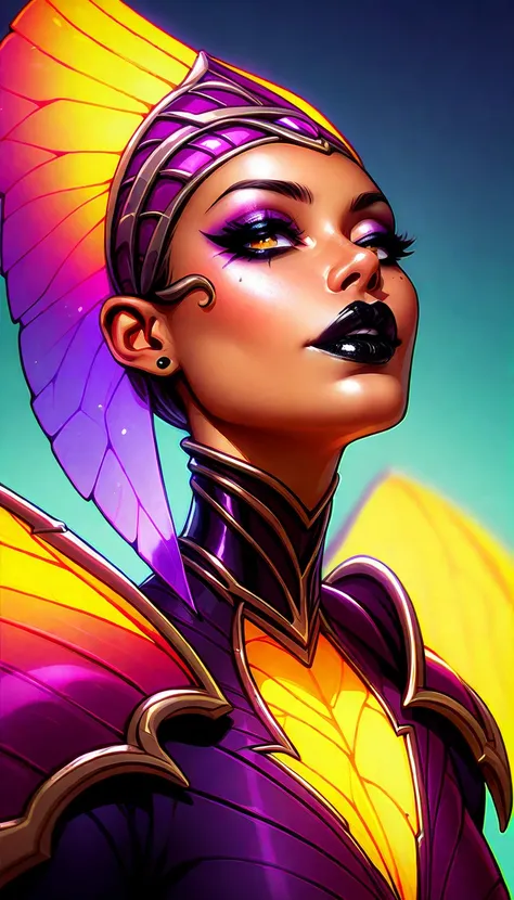 Seductive creature. Dark Faerie. Dark Makeup, Dark Lipstick. Colorful skin. unhealthy appearance. dnd character.  dnd. Morrigan Armor, Faerie Armor, holographic wings