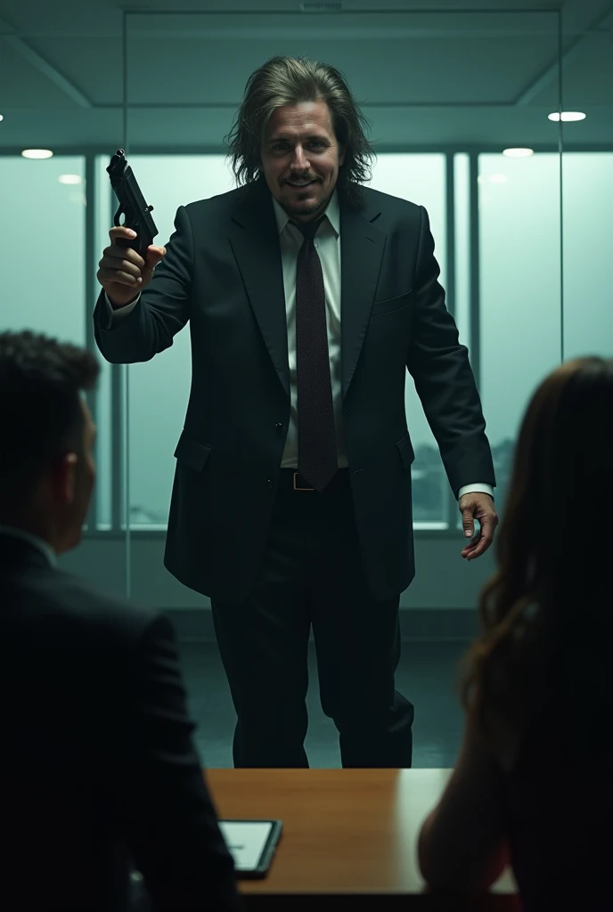 Claes Bang has long hair is scolding his subordinates at office. And he took out a gun and shot.And laugh out loud Claes Bang transform into a vampire 