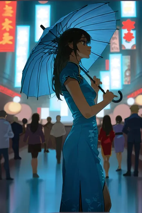   there is a woman standing with an umbrella in the park wearing a blue china dress , She wore a blue cheongsam.,  posing with a futuristic background of Neo Tokyo , photograph ( far _ shot ), shot on nicon camera, photograph [ far ], stylish pose