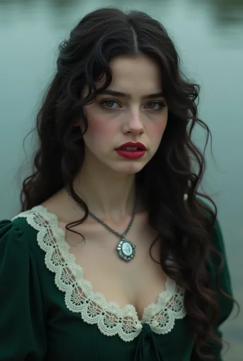  You can create an image of a young woman with dark hair, long and curly,  that frames her face in an elegant way .  Her skin is pale ,  with slightly flushed cheeks and deep red lips , that stand out with subtlety .  She wears a dark green vintage-style d...