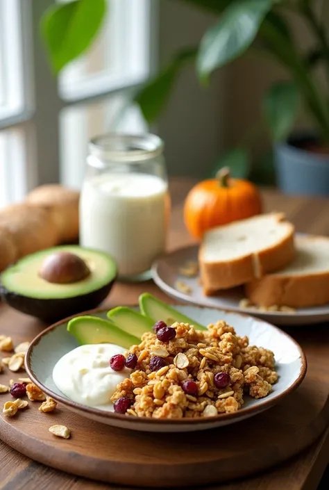 granola and yogurt with bread and avocado