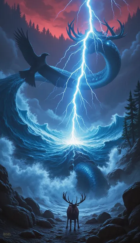 A fierce and awe-inspiring depiction of Serpemar and Eagle of Shadow Moose frozen in an electrifying moment by a massive lightning strike. Serpemar, a colossal sea serpent with shimmering scales that glow with bioluminescent hues, coils through a tempestuo...