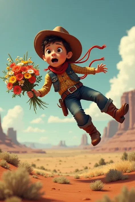 A boy falling who is a cowboy and has a bouquet of flowers 