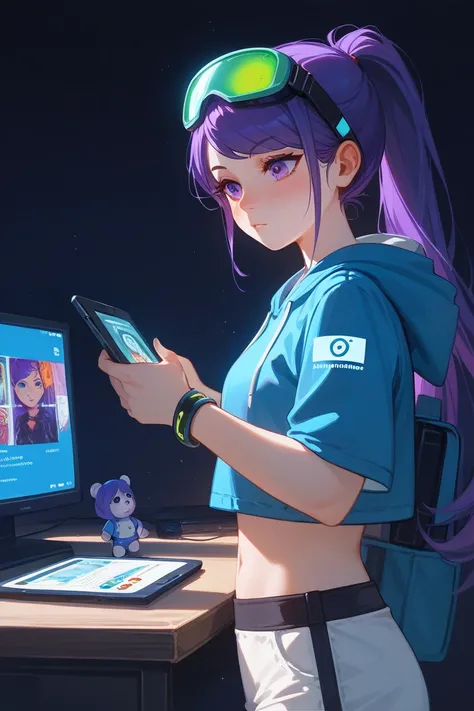 Close up, character focus, girl with purple eyes, holding tablet, standing, from side, plush on desk, ponytail, purple hair, long hair, swept bangs, thin, green tinted goggles on face, wearing dark blue futuristic hoodie, white shorts, midriff, mechanical-...