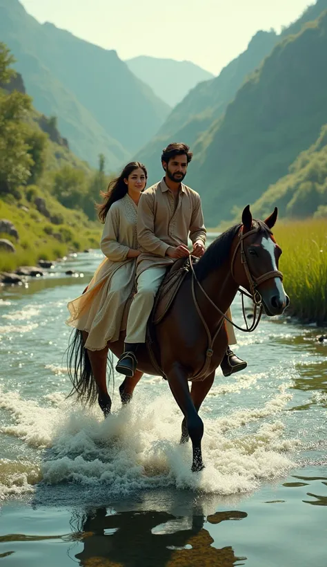 a Pakistani woman of 25 years age and a 30 years age man riding together on 1 horse, middle of the stream or river, green valley and river or stream in background, 