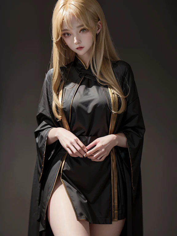 セクシードレスを着ている，runic background、 wearing a black robe 、Mage clothes 、golden hair color、look at the viewer、masterpiece、cute woman、Wearing elegant school clothes