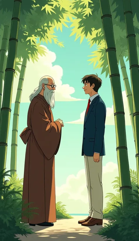 There is a brown-haired sage and a man in his 30s wearing a navy suit. Cream pants are looking at 1 bamboo and 1 fern tree next to each other. Request a ghibli cartoon pattern.